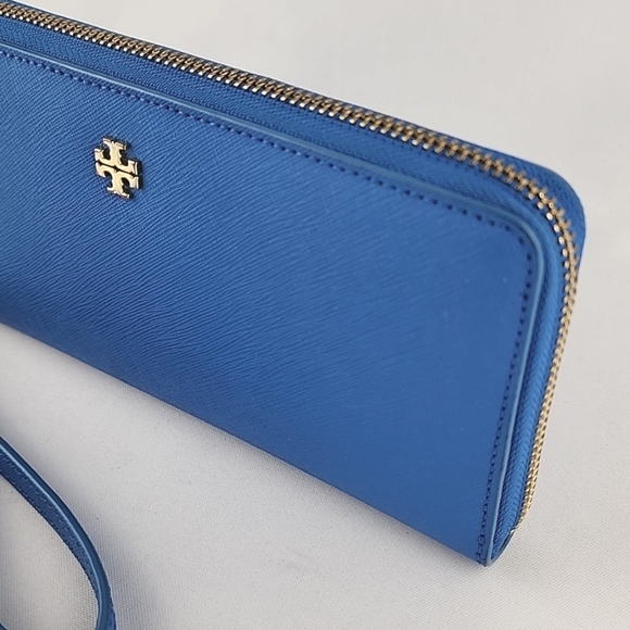 Tory Burch Wallet Wristlet Robinson Continental Leather Royal Blue Zip Around - Picture 5 of 14